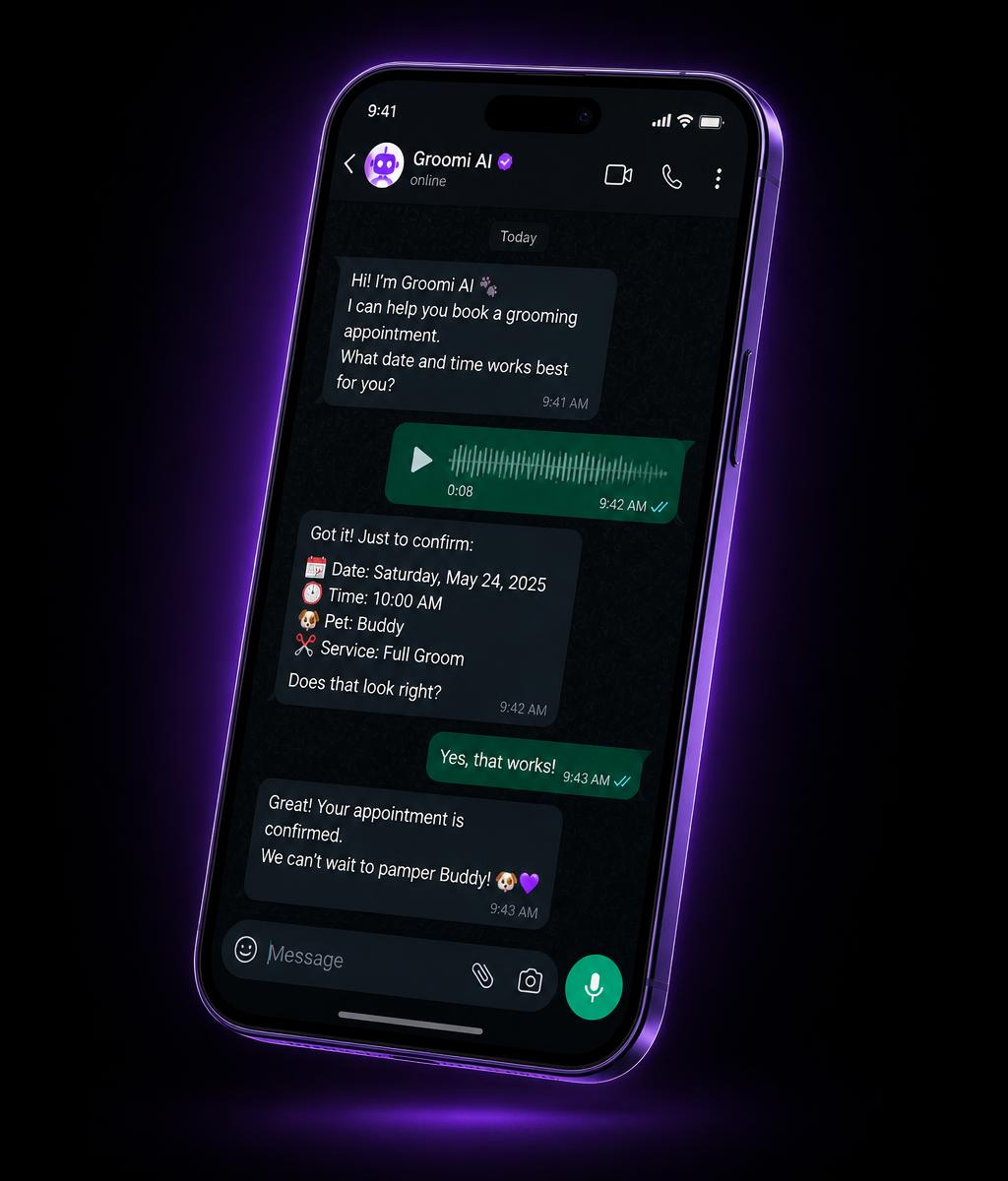 Celular exibindo a IA do FusexPet agendando um banho e tosa pelo WhatsApp